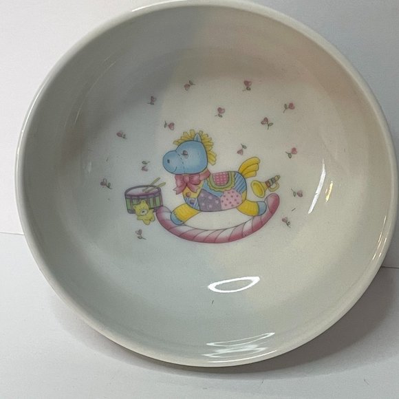 Retro 90s 3 Piece Japan Porcelain Baby Place Setting Set Quilted Rocking Horse - Picture 4 of 7